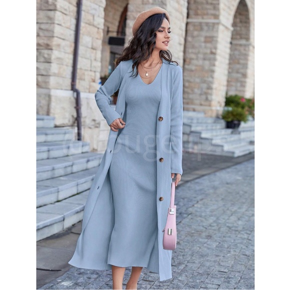 Rouge! Dresses & Skirts - 2 Piece Set: Knit Midi Pencil Dress and Long Cardigan Button Through Blue